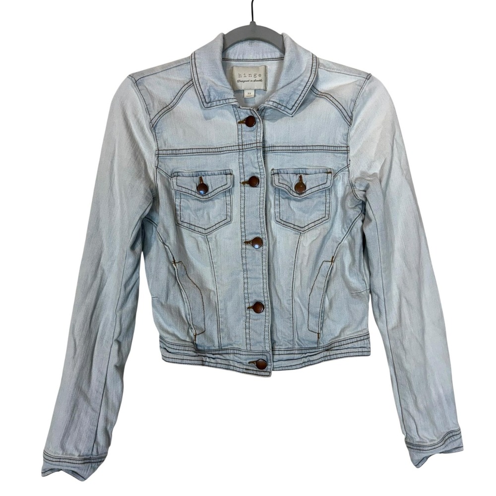 Hinge Jacket Womens XS Light Wash Blue Denim Jean Trucker Button Front Stretch